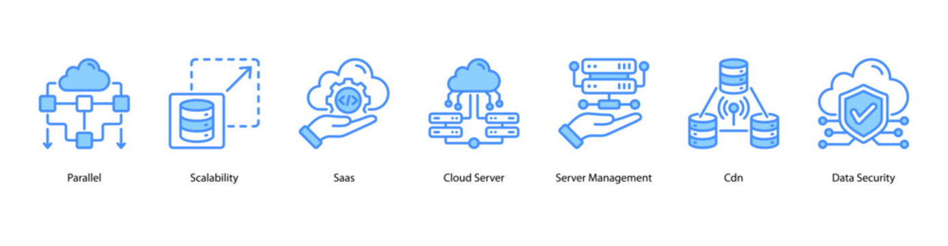 Scalable Systems web banner icon vector illustration featuring Parallel, Scalability, SaaS, Cloud Server, Server Management, CDN, and Data Security.