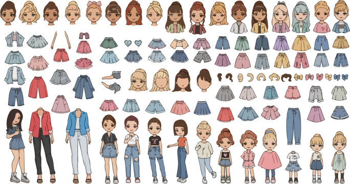 Chibi paper doll creator kit, cute girl character avatar set with diverse hairstyles and outfits, fashion illustration vector elements
