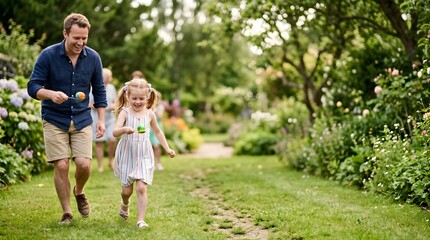 Fototapeta premium Happy father and daughter playing egg and spoon race in summer garden
