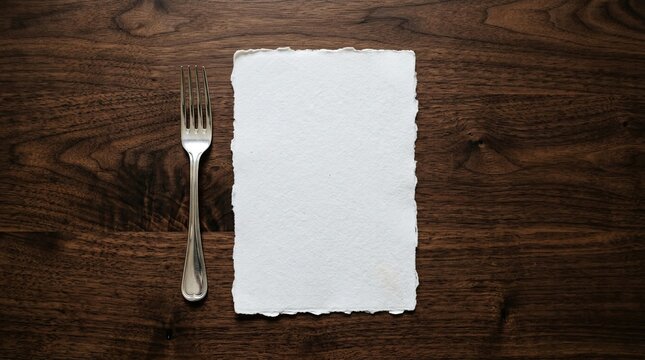 Elegant table setting featuring a rustic wooden surface an empty textured paper sheet and a silver fork perfect for culinary creations and creative presentations