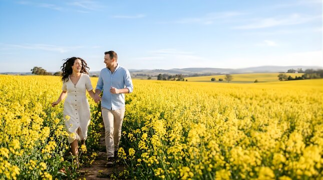 Happy couple walking through a blooming yellow rapeseed flower field