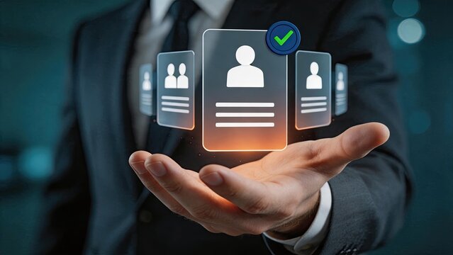 Verified user profile icon with green check mark floating above businessman hand, identity confirmation, customer database management, secure login system, personnel selection,
