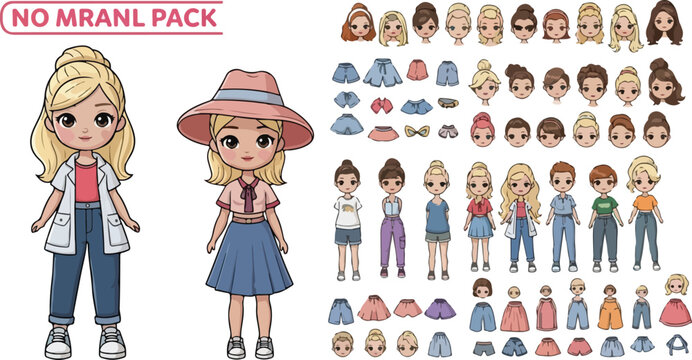 Chibi girl character creator kit, cute anime avatar maker with various hairstyles and outfits, customizable cartoon girl vector set