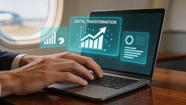 Digital transformation and business analytics concept displayed on laptop screen with holographic charts and graphs, user typing keyboard near airplane window symbolizing modern