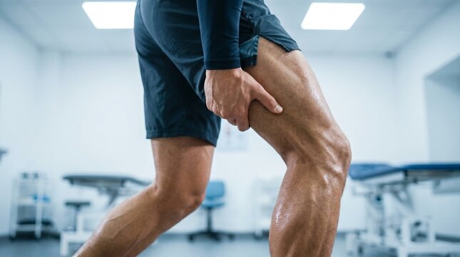 Man holding his painful injured thigh muscle in a physical therapy clinic