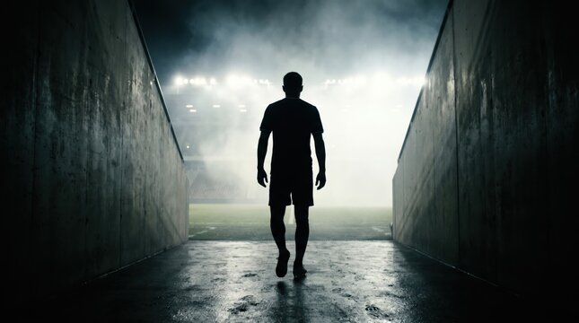 A lone athlete walks through a dark tunnel towards a brightly lit sports field with stadium lights and fog