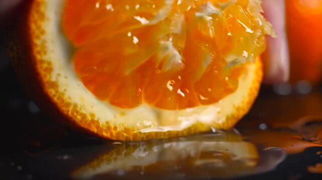 orange juice being squeezed close-up, fresh citrus slice pressed releasing juice into liquid, bright pulp texture and droplets, macro food scene, refreshing natural vitamin drink concept