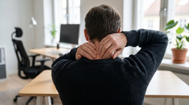 Man suffering from neck pain while sitting at office desk in home studio