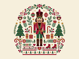 Festive Nutcracker Soldier Folk Art Illustration with Christmas Trees, Gifts, and Winter Ornaments in Traditional Red and Green © Maerrie