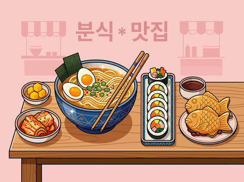 Traditional Korean Street Food Illustration Set Featuring Ramen, Gimbap, Kimchi, and Bungeoppang on a Wooden Table - Bunsik Culture Concept Art