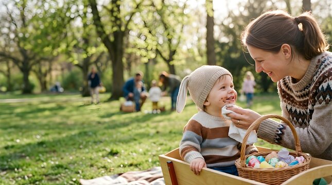 Mother wiping chocolate from toddler face in a park during an Easter egg hunt