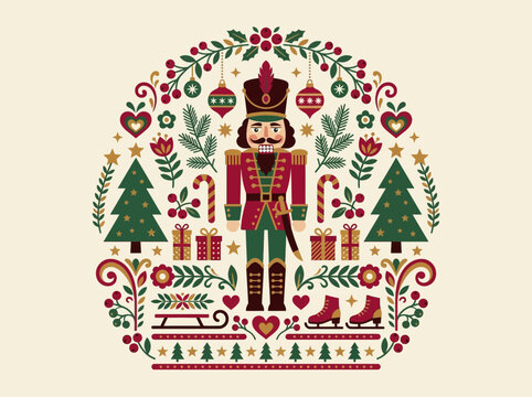 Festive Nutcracker Soldier Folk Art Illustration with Christmas Trees, Gifts, and Winter Ornaments in Traditional Red and Green