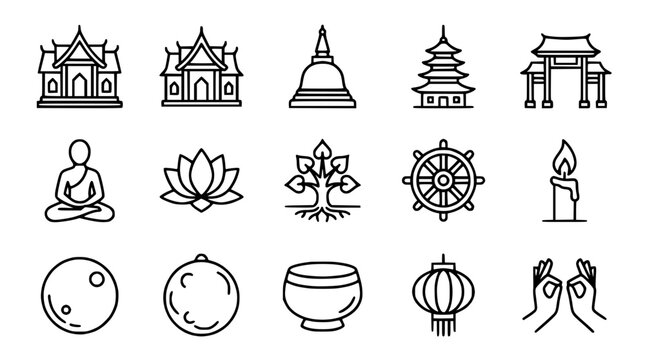 Buddhist Symbols and Icons: Temples, Buddha, Lotus, Dharma Wheel, Candle, Moon