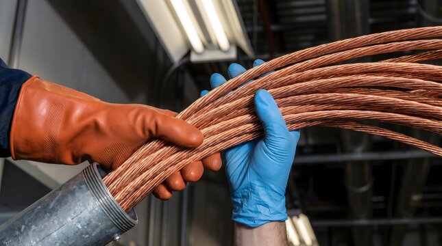 Worker hands in gloves holding copper wire, industrial material and raw resource macro close-up, industrial detail, manufacturing background