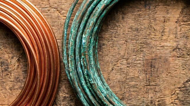 Two rolls of copper wire, one new and shiny, the other weathered and corroded with patina, on a wooden surface macro close-up, industrial detail, manufacturing background