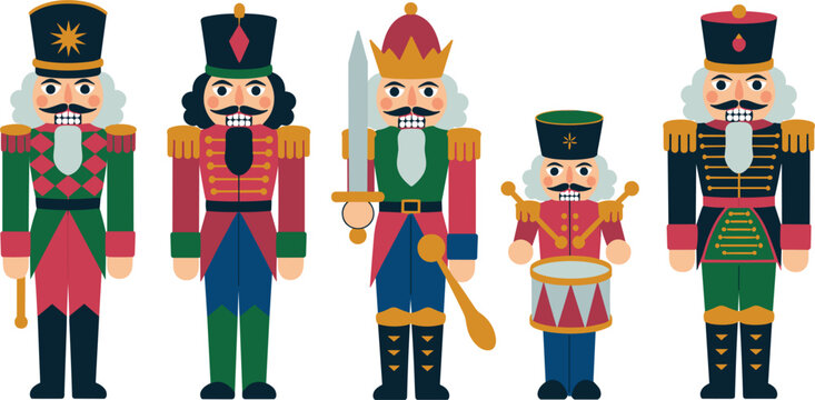 Traditional Wooden Christmas Nutcracker Soldier Figure Set With Toy King Drummer And Guard Vector Illustrations