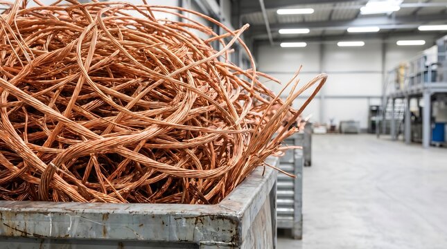 Heap of scrap copper wire in industrial recycling facility, resource recovery and metal industry macro close-up, industrial detail, manufacturing background