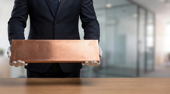 Businessman holding a copper bar in office, commodity trading and investment macro close-up, industrial detail, manufacturing background