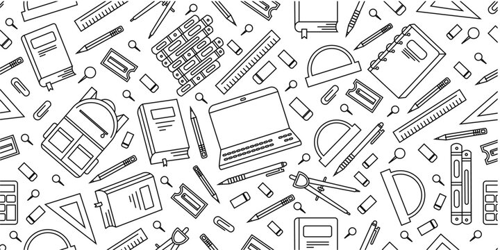 School supplies seamless pattern. School attributes seamless pattern. Student accessories repeat background. Back to school doodle banner. Education  theme doodle pattern background. 