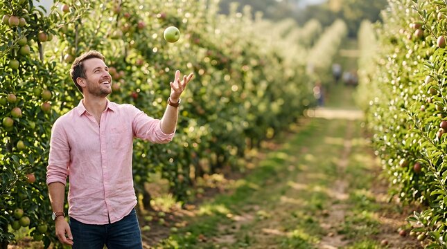 Smiling man tossing a green apple while walking through an orchard farm