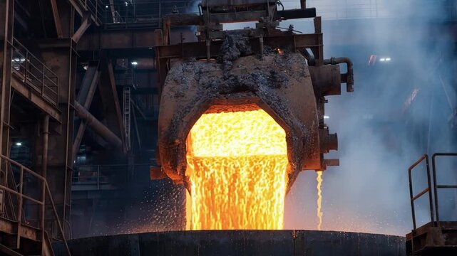 Medium shot capturing the dynamic pouring of slag from a converter vessel containing molten nickel matte highlighting the separation of impurities in an industrial setting
