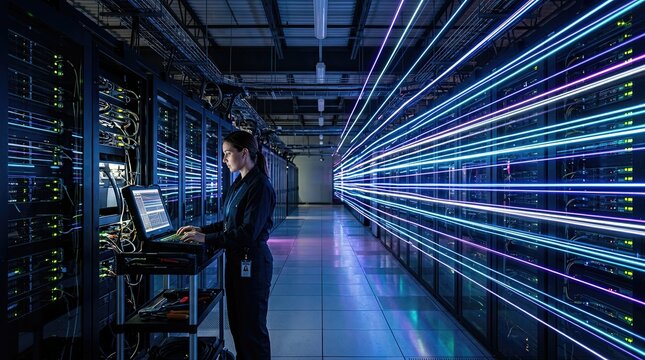 Data processing action in a high-tech server room digital content futuristic environment captured from a side angle highlighting technology and innovation