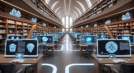 Fototapeta premium A futuristic library filled with advanced technology and digital learning stations.