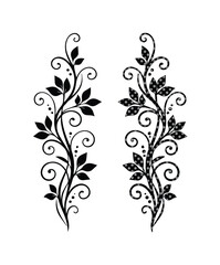Fototapeta premium Elegant black floral scrollwork vector, intricate decorative leaf and vine design elements, classic ornamental flourish for invitations and borders, isolated on white