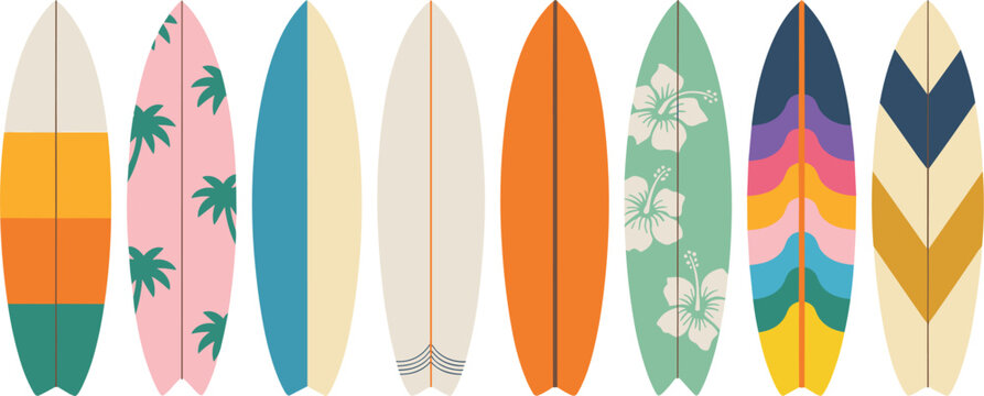 Vintage Retro Surfboard Collection Set With Colorful Patterns Palm Trees And Hibiscus Flower Illustrations