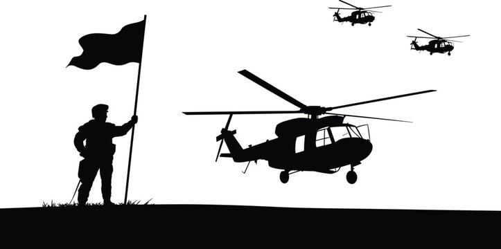 Soldier Holding Flag with Helicopters Silhouetted in the Sky Keywords: soldier, flag, helicopter, military, aviation, sky, silhouette