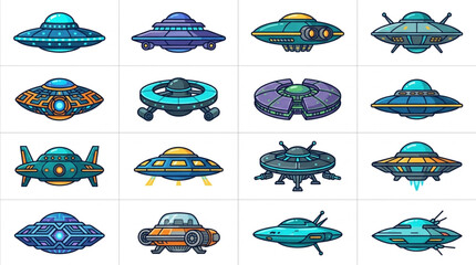 Collection of Retro Pixel Art Flying Saucer UFO Illustrations. © Yandi