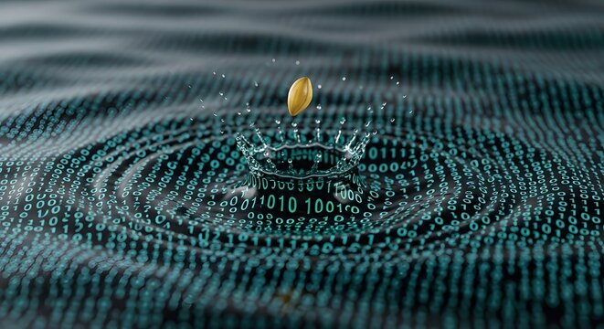 A single seed creating ripples of binary code in a digital data stream.