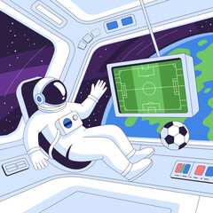Obraz premium Astronaut in a futuristic spaceship cockpit reclining and watching a soccer match on a digital screen with a floating ball and view of planet Earth