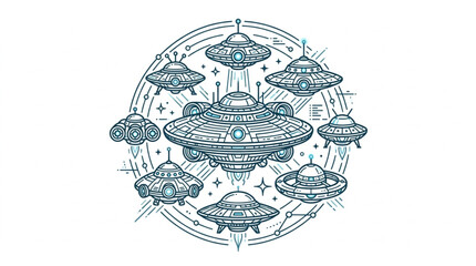 Collection of vintage flying saucers and UFOs in a circular pattern. © Yandi