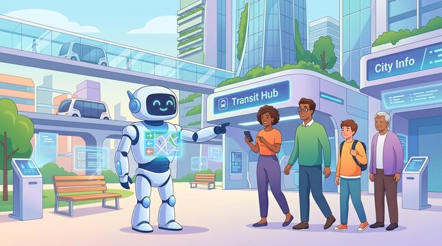 A friendly robot assists a diverse family at a futuristic transit hub in a smart city with elevated autonomous vehicles.