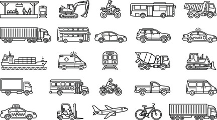 Transportation and Construction Vehicle Outline Icon Set Featuring Trucks Buses Aircraft Ships and Industrial Equipment © Akhi999