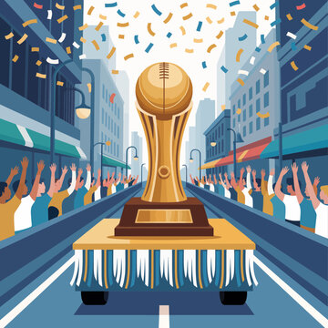 Vector illustration of a golden football trophy on a parade float in a city street with cheering crowds and falling confetti celebrating a sports victory