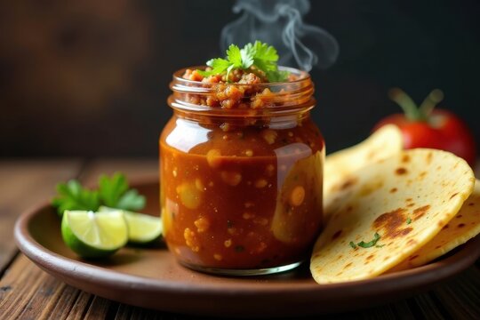 A sizzling beef birria filled jar with steamed tortillas piled around it , jar, beef, tortillas