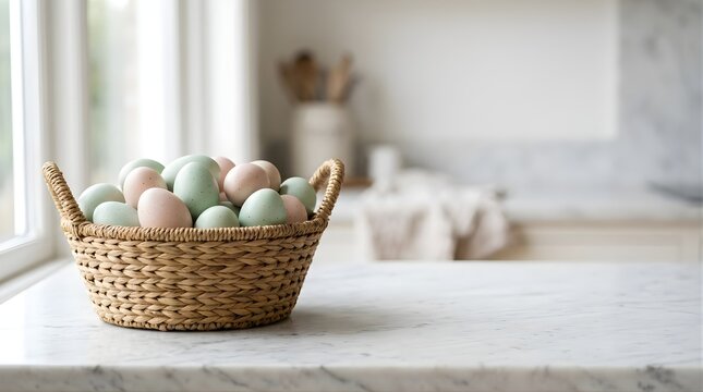 Wicker basket filled with colorful Easter eggs on a marble kitchen counter