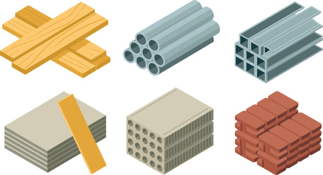 Building materials isometric collection with wooden planks concrete blocks metal beams and red bricks