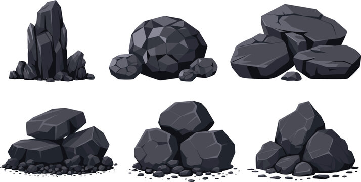 Black coal piles and charcoal rock stone boulders collection flat cartoon style vector icons set illustration
