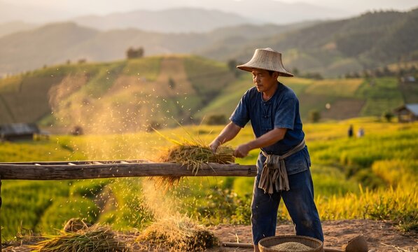Thai hill tribe farmer threshing freshly harvested rice sheaves against wooden rack outdoors at golden hour, rice grains and husks flying through backlit air creating magical golden dust cloud.