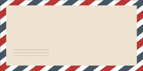 Obraz premium Air mail letter. Post stamp. Airmail frame postcard. Blue red stripes pattern.