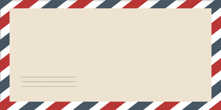 Air mail letter. Post stamp. Airmail frame postcard. Blue red stripes pattern.