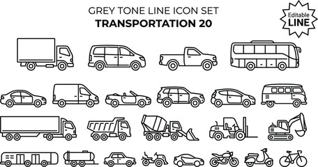 Transportation Line Icon Set Featuring Commercial Vehicles Cars Trucks Buses Construction and Logistics Transport Symbols © Akhi999