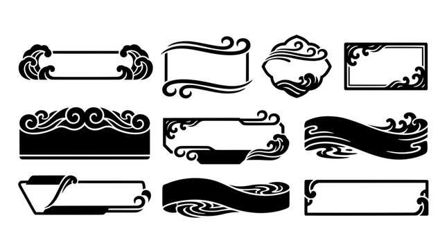 Black and white irezumi lower third vector set. Bold stencil stream overlays, wave text boxes, and blank minimalist nameplate banners for video UI