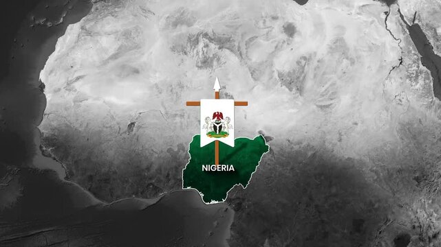 Nigeria map with flag and emblem animation showing national pride on world map footage