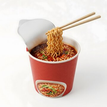 Korean Instant Cup Noodles with Chopsticks, Spicy Ramen in Red Paper Cup, K-food Quick Meal