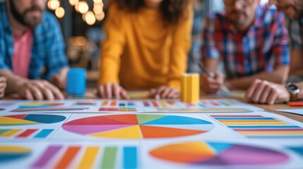 Obraz premium A diverse marketing team collaborating on analyzing competitor data to strategize and improve business performance in a modern office environment.