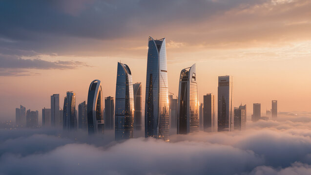 Modern City Skyscrapers Emerging from Misty Cloudscape at Sunrise